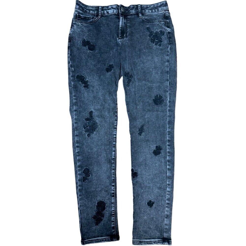 Black Embroidered Floral Denim Jeans Size 10 By ANA A New Approach